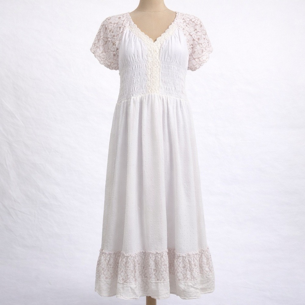 Lace Swiss Dot Fairy Smocked Peasant Maxi Dress Sz S White Boho Romantic Prairie
